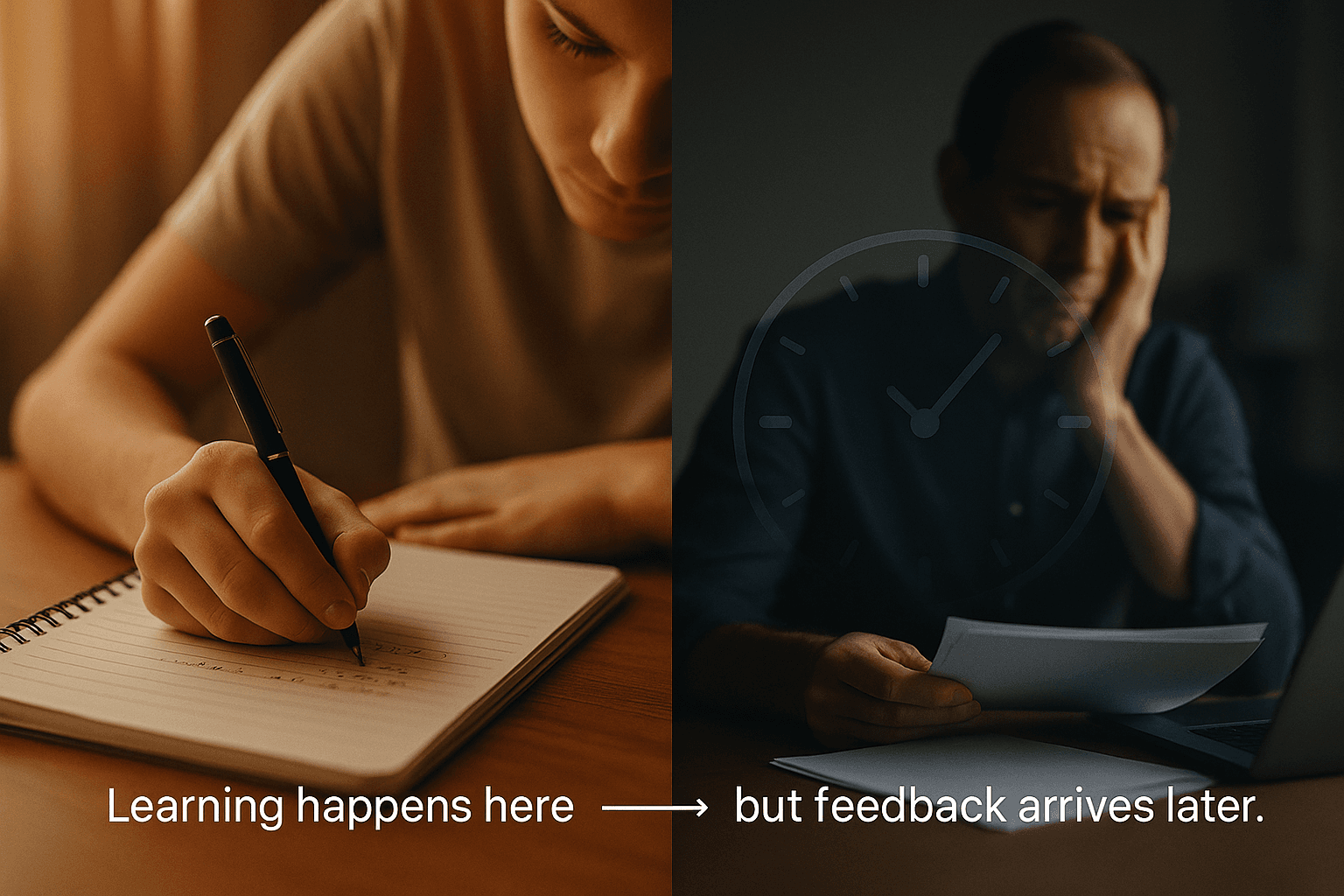 Illustration showing delayed feedback vs timely feedback during thinking