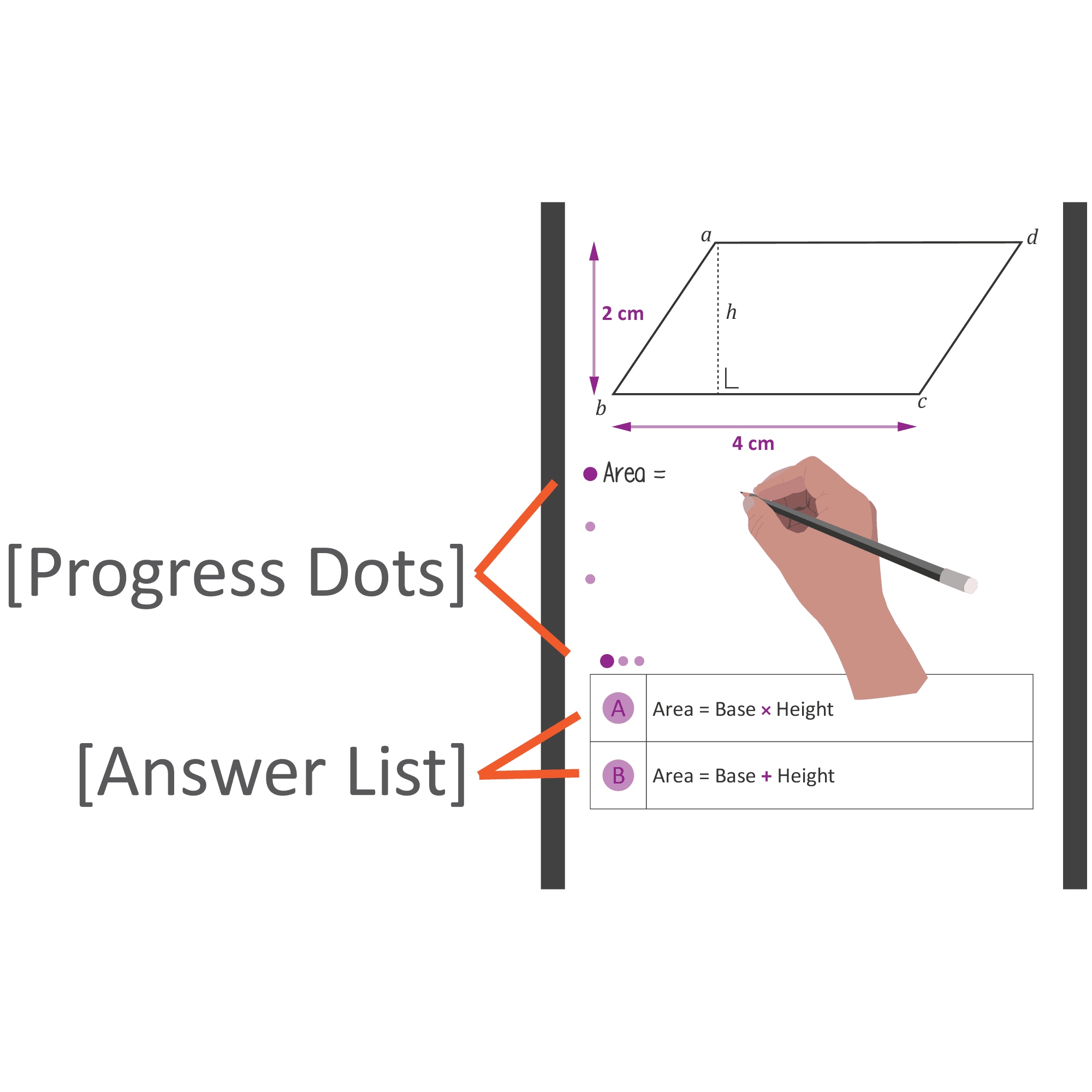 Bottom interface elements: progress dots and answer list
